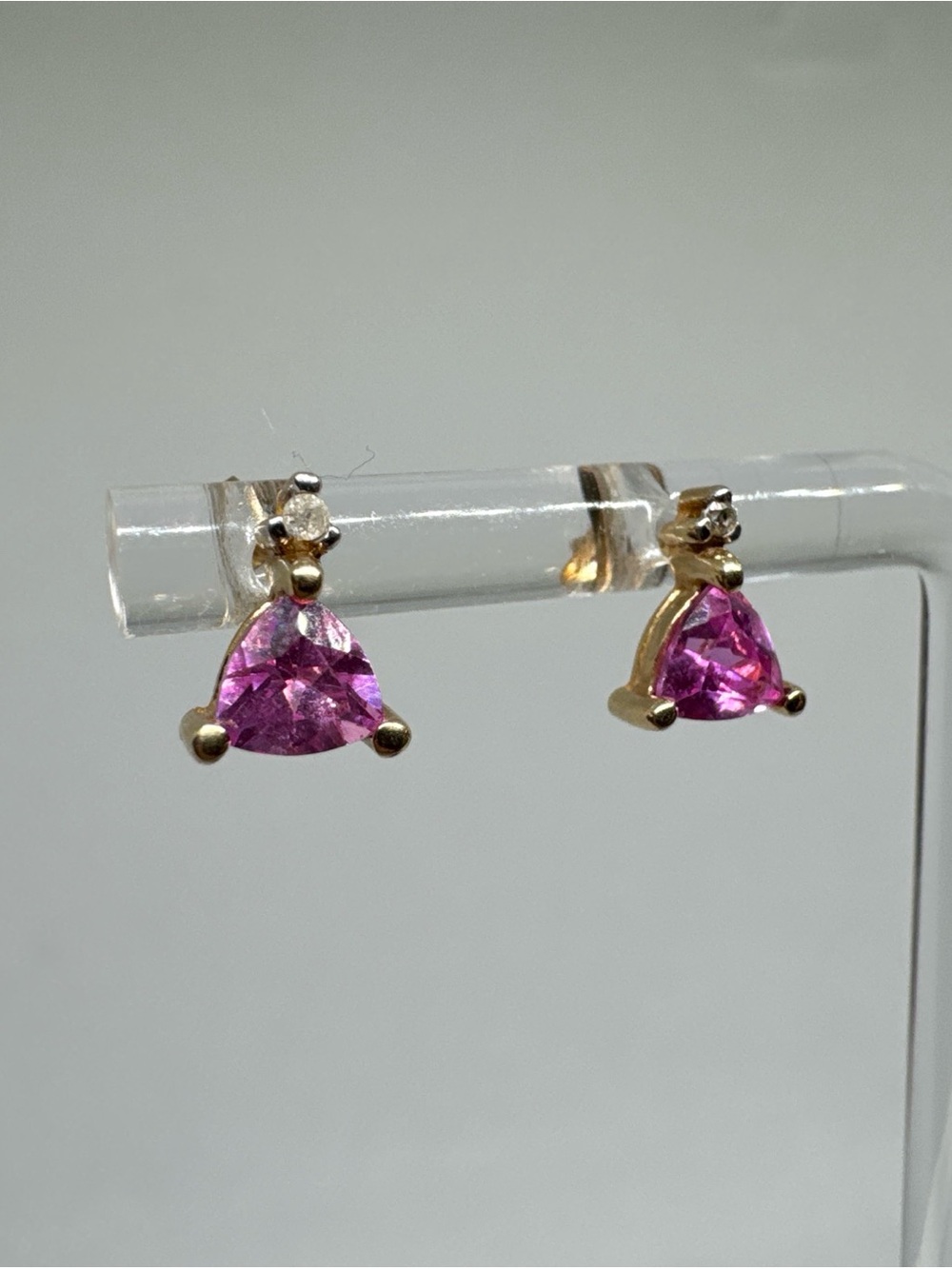 Ladies 10k Yellow gold Trillion Cut Pink Ruby & Diamond Stud earrings